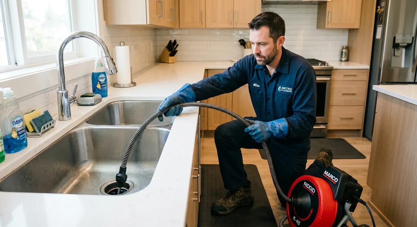 Drain cleaning technician using a motorized snake on a kitchen sink in Marion Oaks