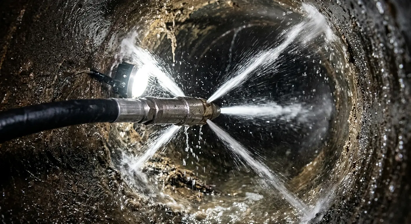 High-pressure hydro jetting nozzle cleaning sewer pipe for Trenchless Sewer Repair in Marion Oaks
