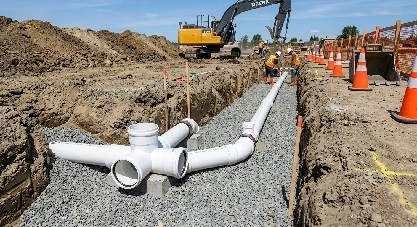 New PVC sewer pipe installation in open trench for Sewer Backup in Marion Oaks
