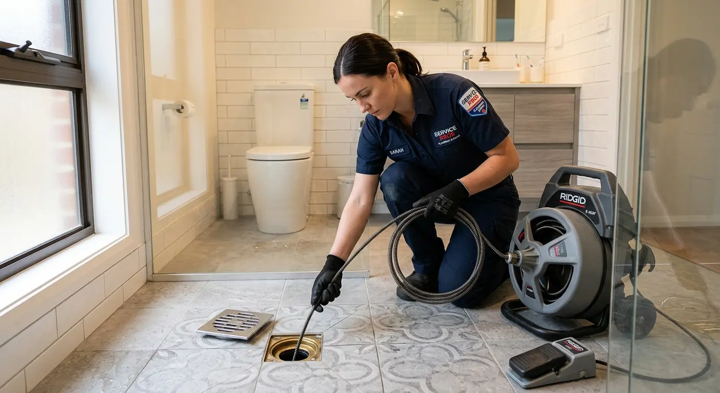 Technician clearing a bathroom floor drain for Clogged Drain Repair in Marion Oaks